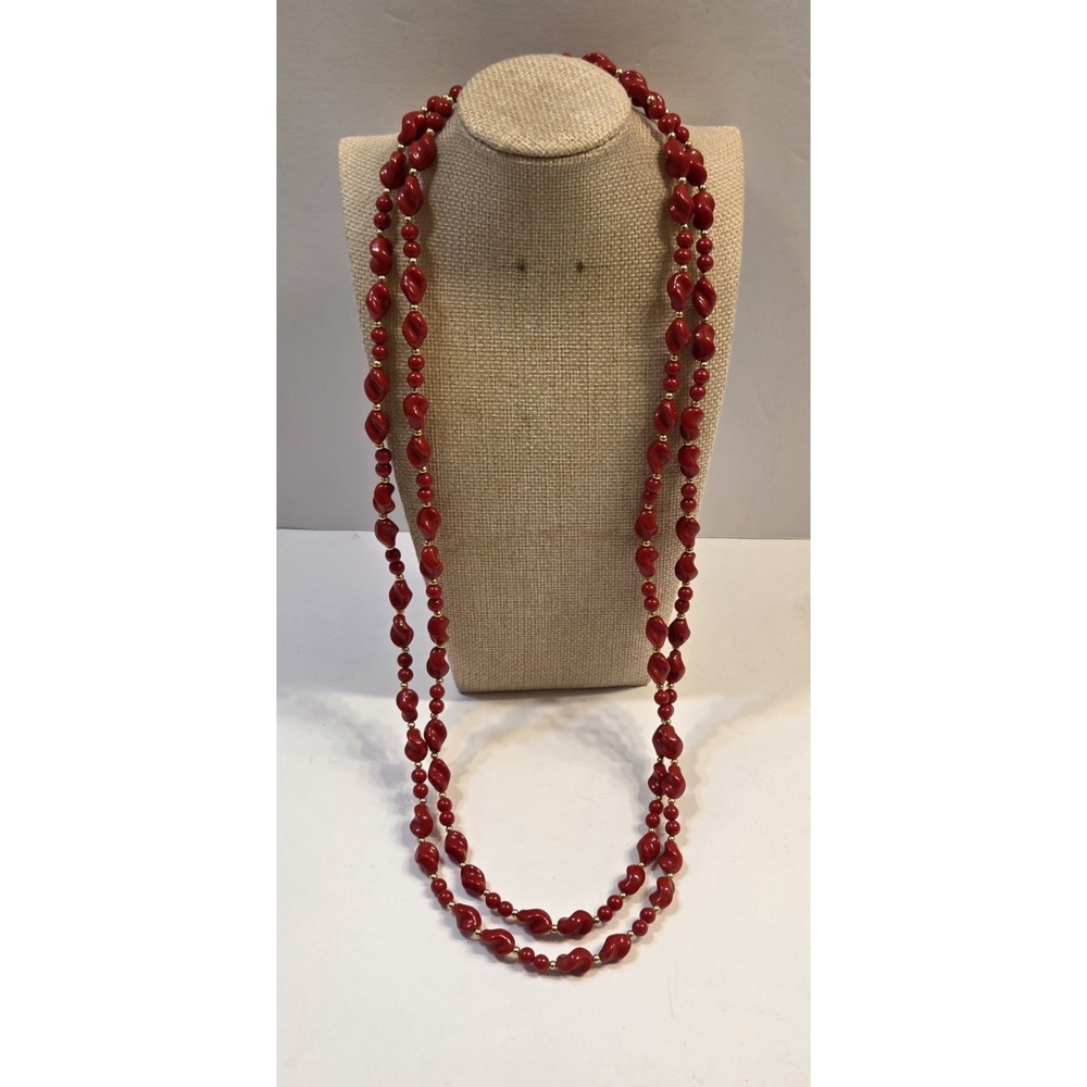 Authentic Trifari 1980s Retro Fashion Two Strand Red & Gold Necklace 31"